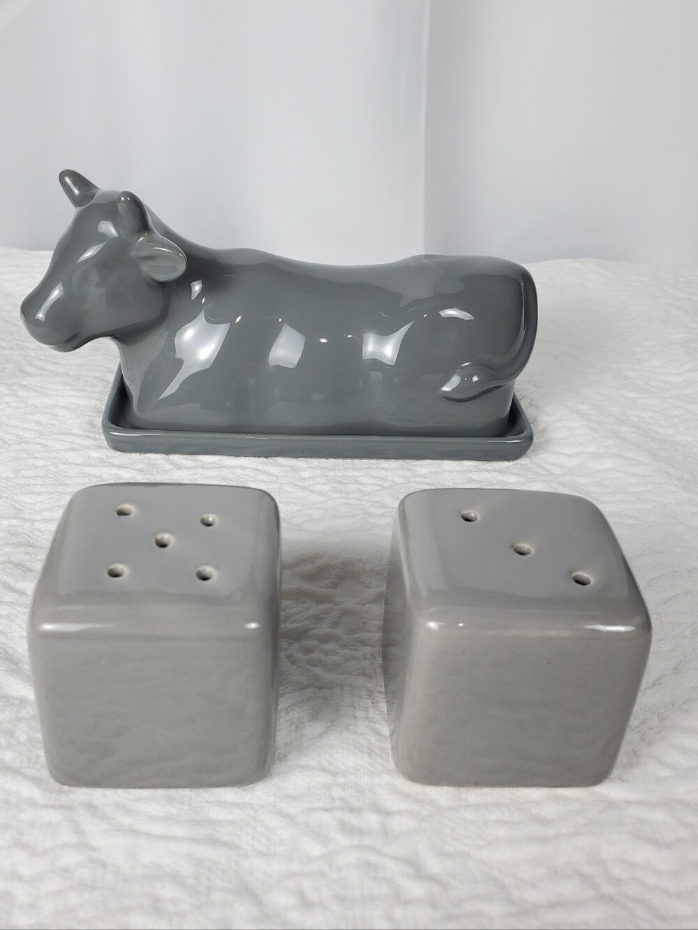 Gray Ceramic Cow Butter Dish And  Salt & Pepper Shakers Bumdle Set